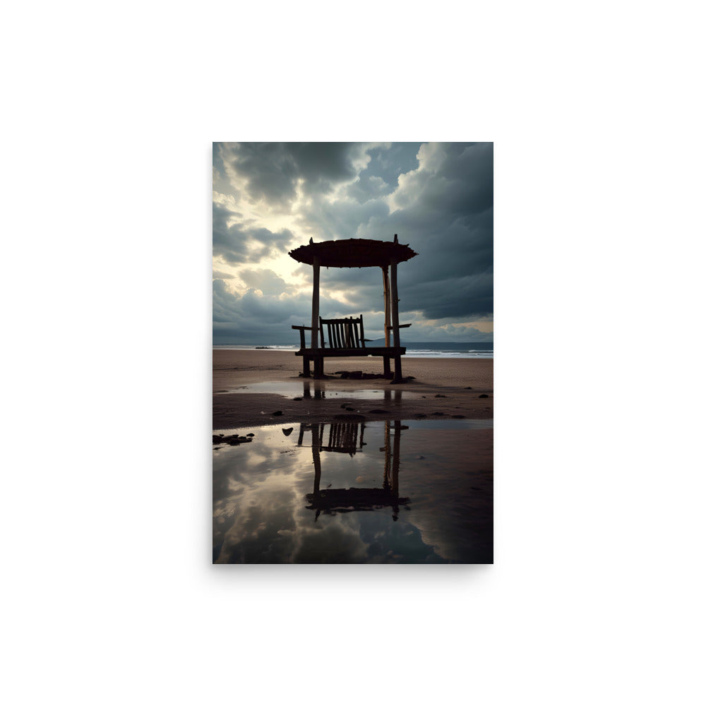 Solitary beach gazebo silhouette stands tall. Wooden thatched-roof structure rests on sandy shore. Water reflects weathered rustic charm. Stormy gray sky contrasts sunrays piercing clouds creating atmospheric tension.