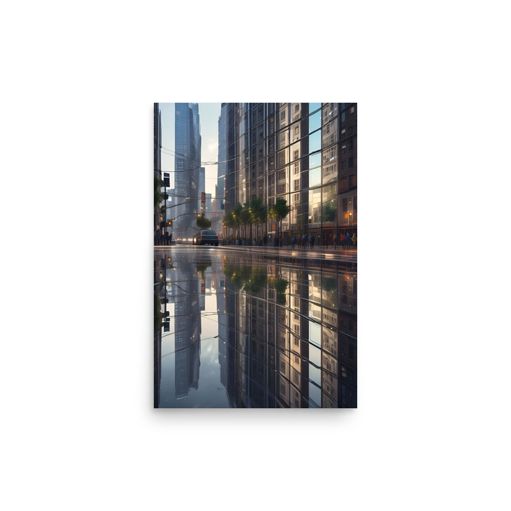 City streets reflect modern skyscrapers, streetlights. Pedestrians blend amid rain-soaked pavements. Ornate edifices contrast sleek architecture. Puddles mirror vibrant cityscape essence.