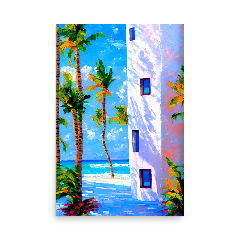A painting of palm trees on a white sand beach, for art prints.t
