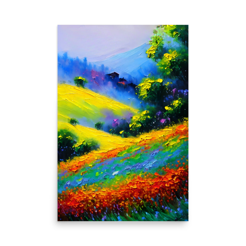 A vivid painting with a sunlit hillside of flowers. On premium art prints.