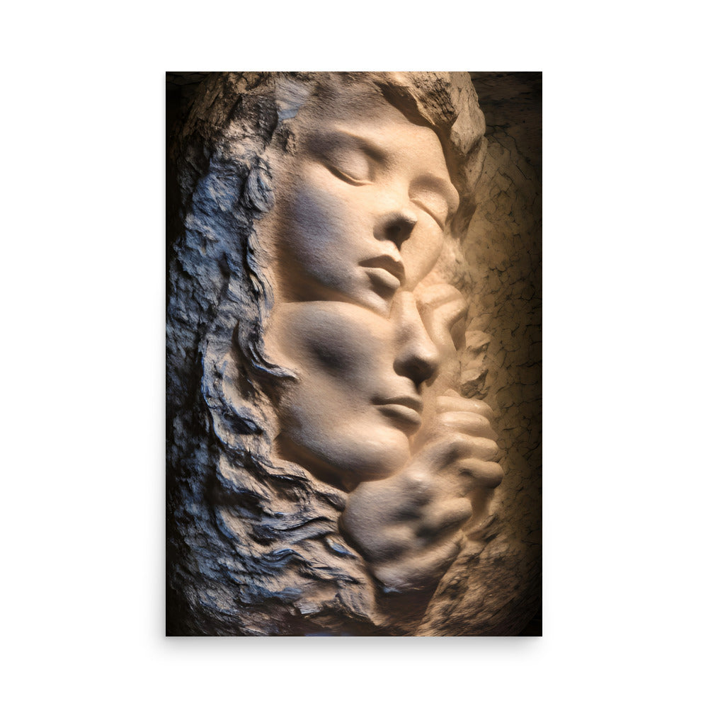 A stone wall carving with content, deeply relaxed females, on art prints. 