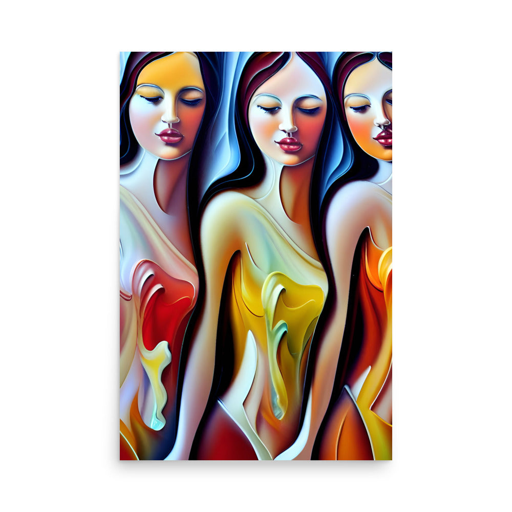 A colorful figurative art with three painted women, on art prints.