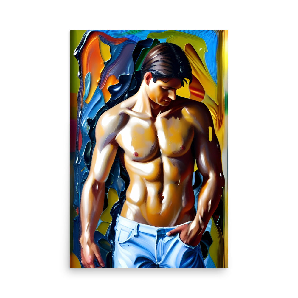 Art prints with a painting of a shirtless guy in blue jeans, a hot male figurative art.