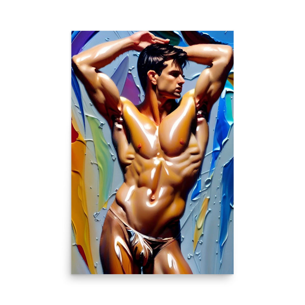 A colorful painting of a shirtless guy in a sexy pose, on art prints.