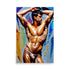 A colorful painting of a shirtless guy in a sexy pose, on art prints.