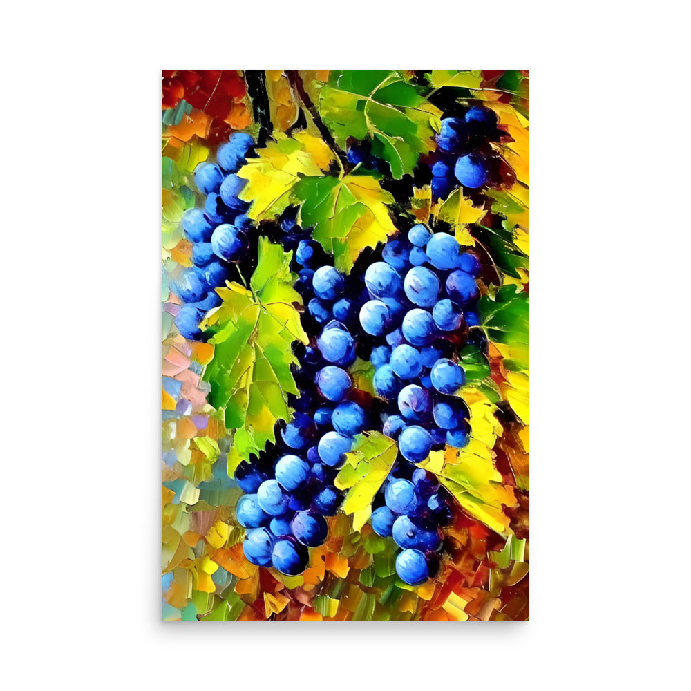 A bunch of grapes on a colorful painting, made for art prints.