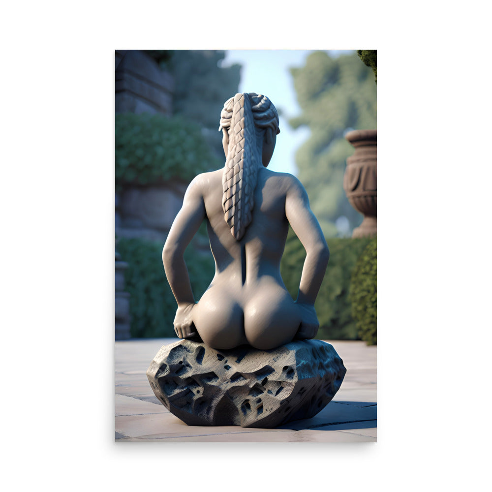 A statue of a nude woman sitting on a rock, for art prints.