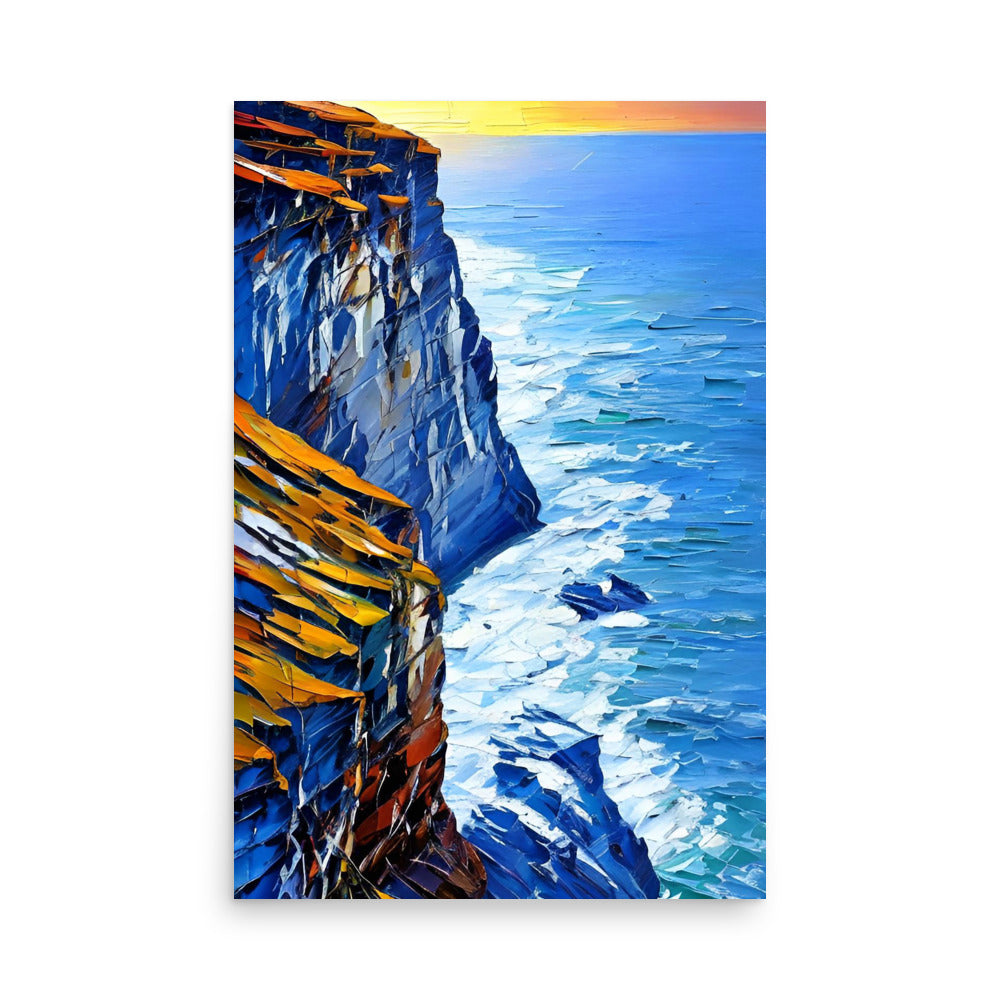 A breathtaking painting of ocean cliffs and a sunset, this is made for art prints.