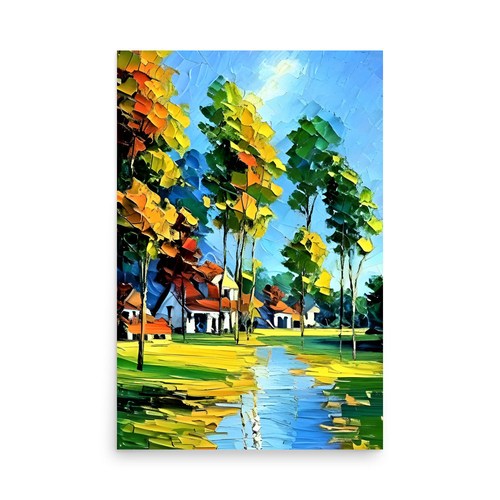 A colorful palette knife painting with trees and a winding road, on art prints.