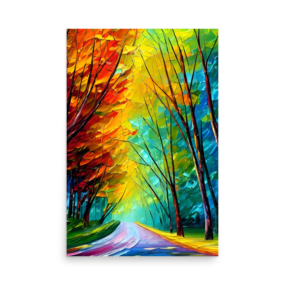 Art prints of colorful autumn trees, in a bold palette knife painting style. 