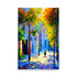 A painting of a downtown scene with colorful autumn trees on art prints.