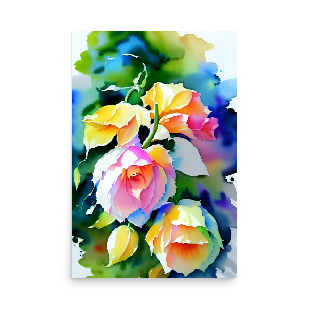 Art prints of pink and yellow roses, on a colorful watercolor painting.