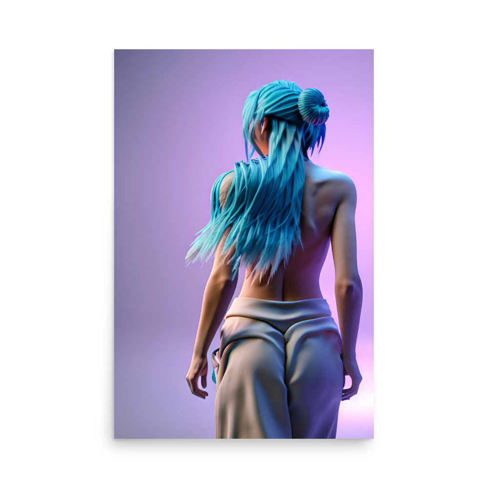A cute figurative artwork of a girl with blue hair that's made for art prints.