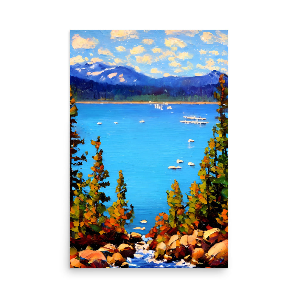 A beautiful lake tahoe painting, with boats on the water in the distance.
