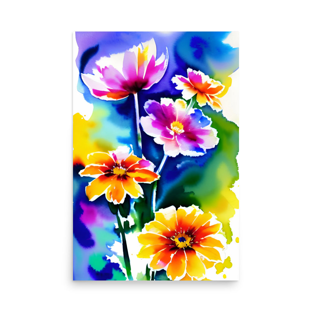 A vibrant watercolor painting with colorful flowers, for art prints.