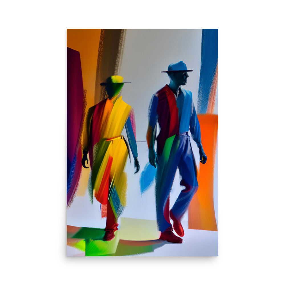 A colorful and characteristic abstract painting with men, printed for art prints.