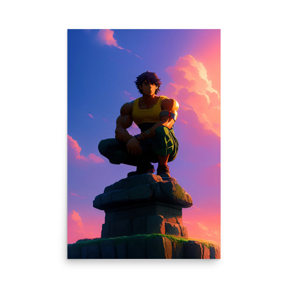 Colorful art prints with a muscular anime guy, on a rock with a sunset background.