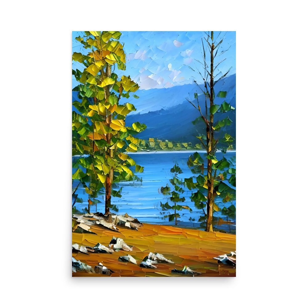 A beautiful shoreline in a Lake Tahoe painting, on fine art prints. 