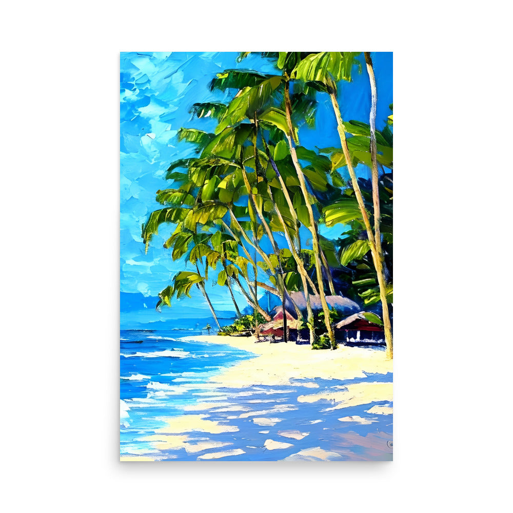  A beautiful white sand beach painting with palm trees, on art prints.