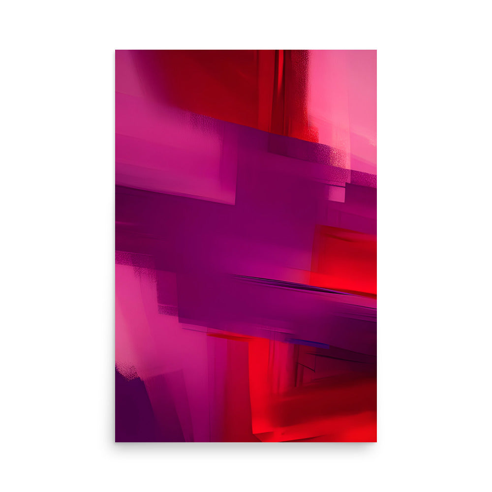 An abstract painting with vibrant red and purple brushstrokes on art prints.