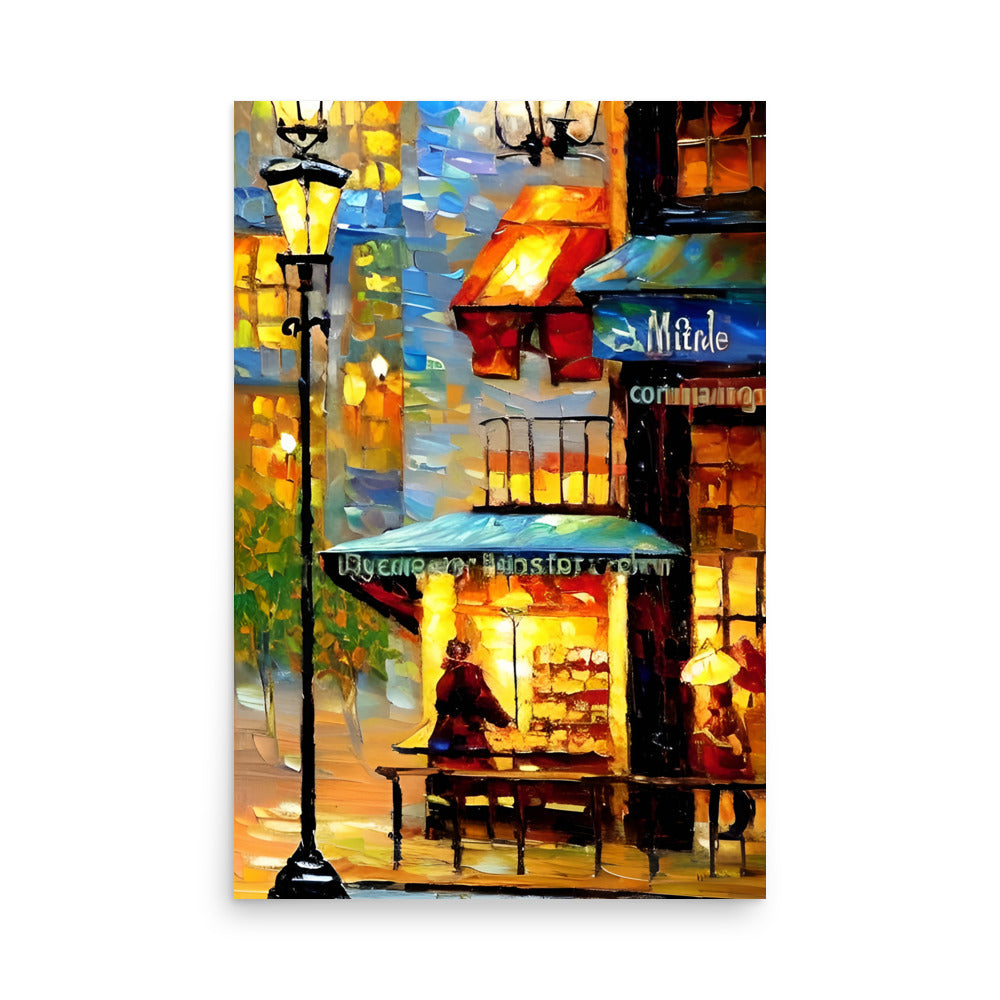 A European outdoor cafe painting with rich warm colors, printed on art prints. 