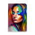 Vibrant colors blend seamlessly through woman's flowing brushstrokes. Stunning abstract portrait's hues emerge effortlessly. Captivating facial features materialize from colorful blend.