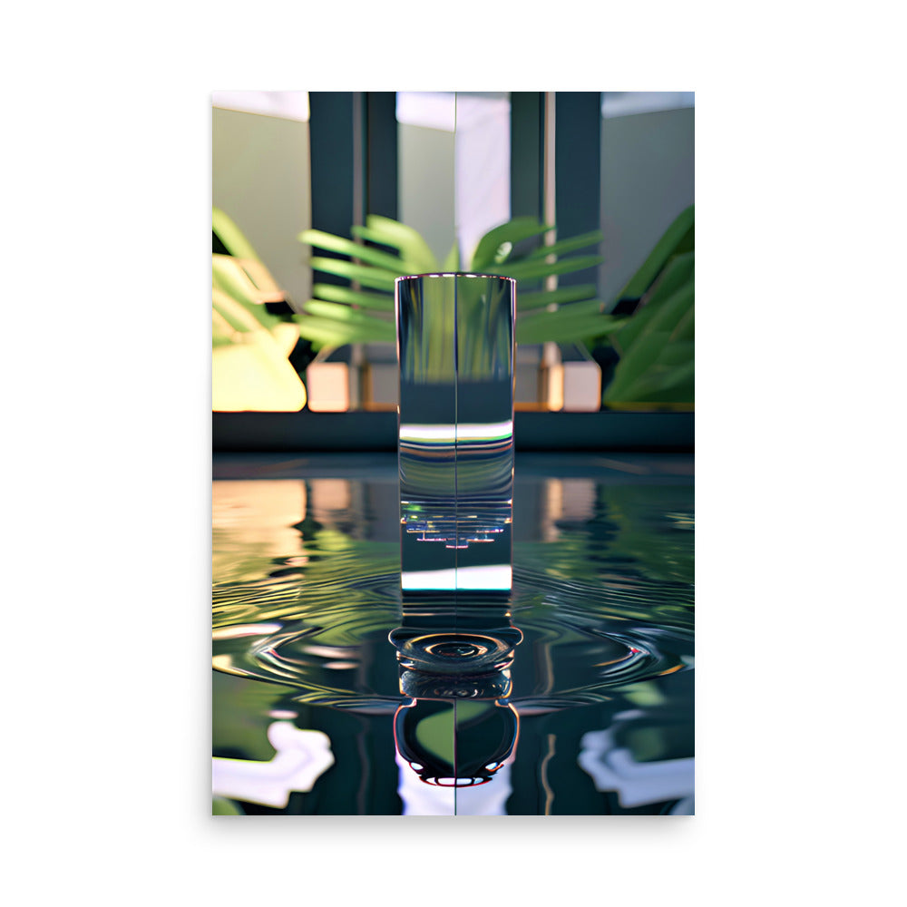 A modern art with a reflecting crystal, palm leaves and water for art prints.