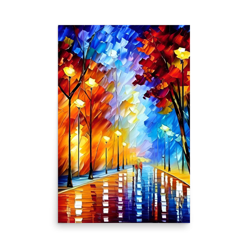 Glowing lights in this palette knife painting of beautiful autumn trees.
