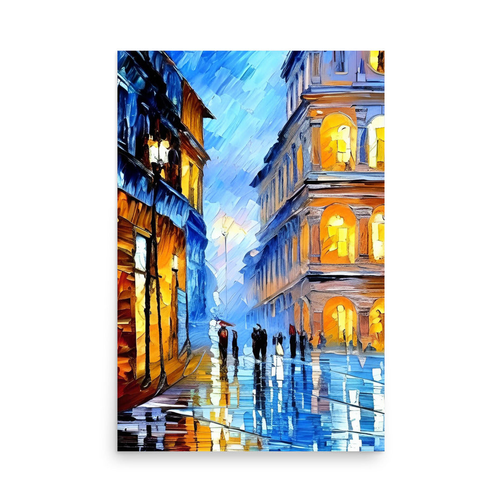 Nights In The City, art prints of people walking on the colorful streets.