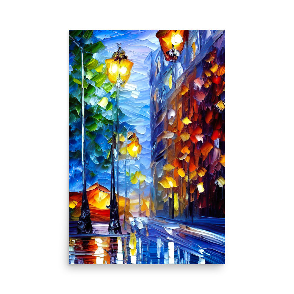 Art prints with thick vibrant brushstrokes, of a painting of a colorful city street.