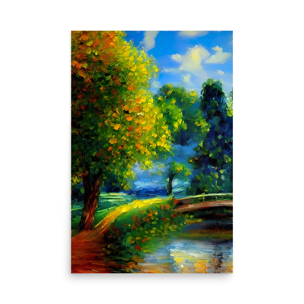 A painting with a beautiful autumn tree and a little bridge for art prints.
