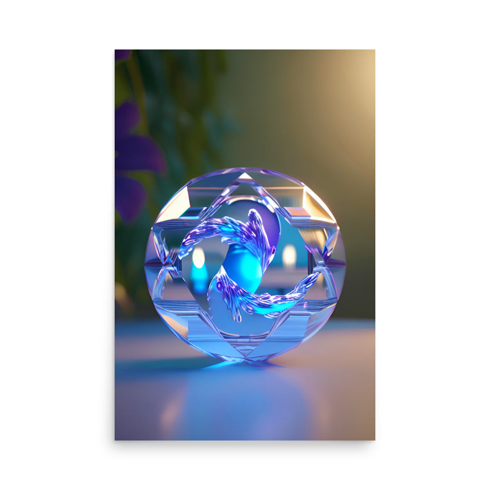 Mesmerizing crystal sphere refracts light interplay. Blue swirls mimic feather's graceful dance. Multifaceted cuts reveal vivid hue refractions. Kaleidoscopic brilliance rests on blurred backdrop. Hypnotic illusion invites immersion in light.