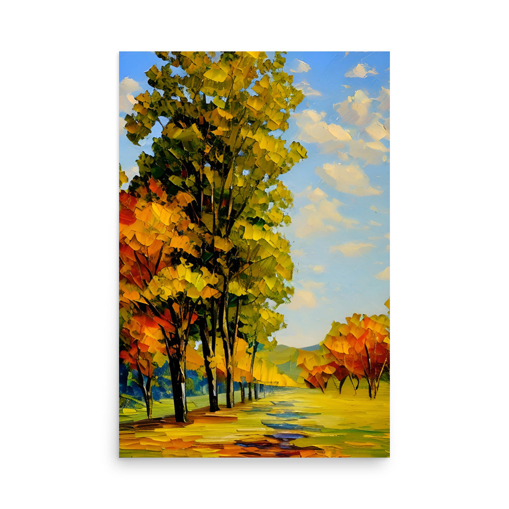 Towering trees in golden, orange hues. Line a meadow path under blue skies. White clouds drift across autumn landscape.