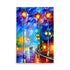 Vibrant abstract trees resemble ornate streetlamps. Fiery hues contrast cool blues, purples. Interplay proves mesmerizing. Luminous path reflects surroundings. Silhouetted strolling figures add life, movement.