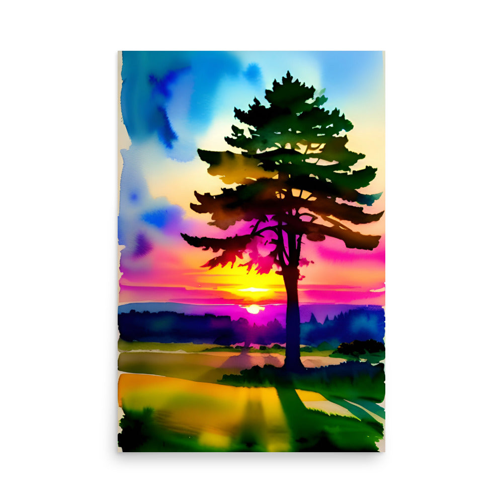 A vibrant watercolor painting with a colorful sunset on art prints.