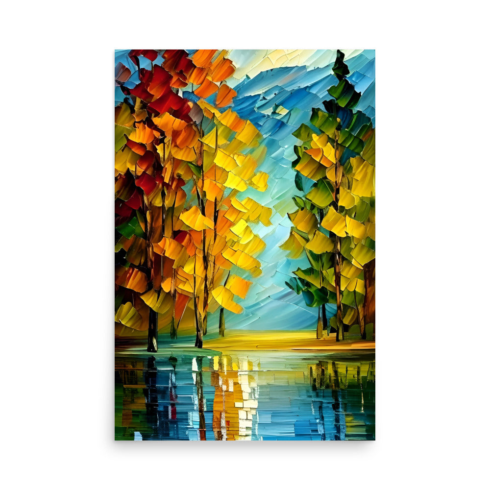 Art prints with beautiful brushstrokes of golden yellow painted trees and mountains.
