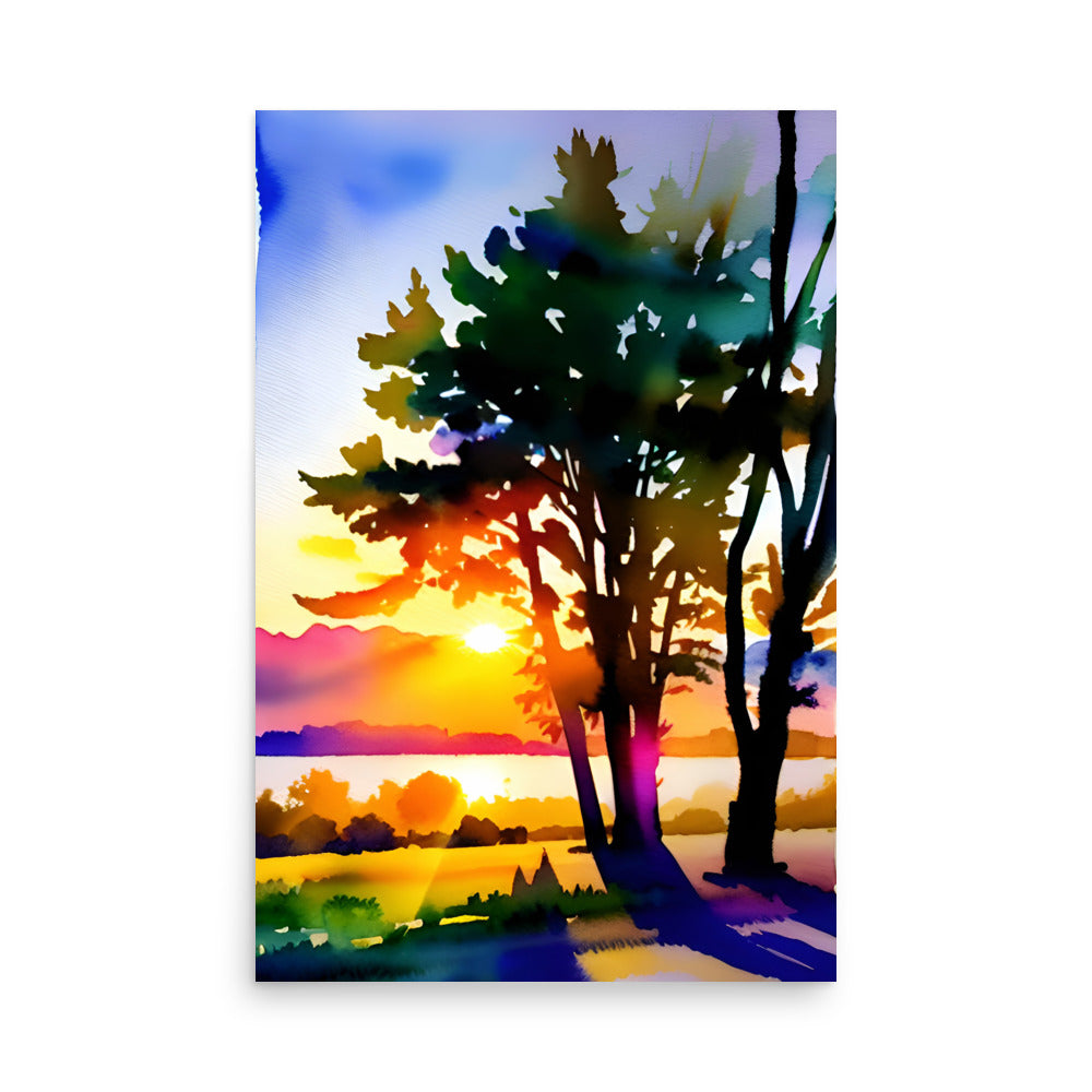A colorful watercolor sunset painting, the sunlight is beaming through the trees, on art prints.