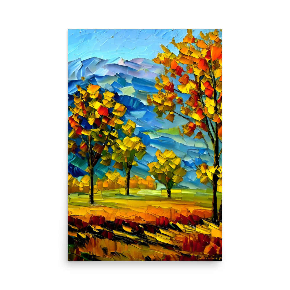 A painting of trees with fall colors on art prints.