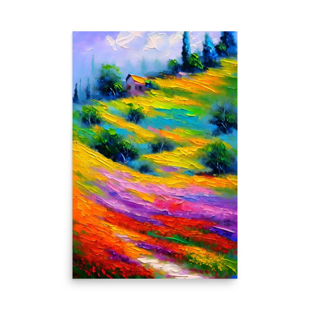 A painting of a hillside with beautiful flowers, on art prints.