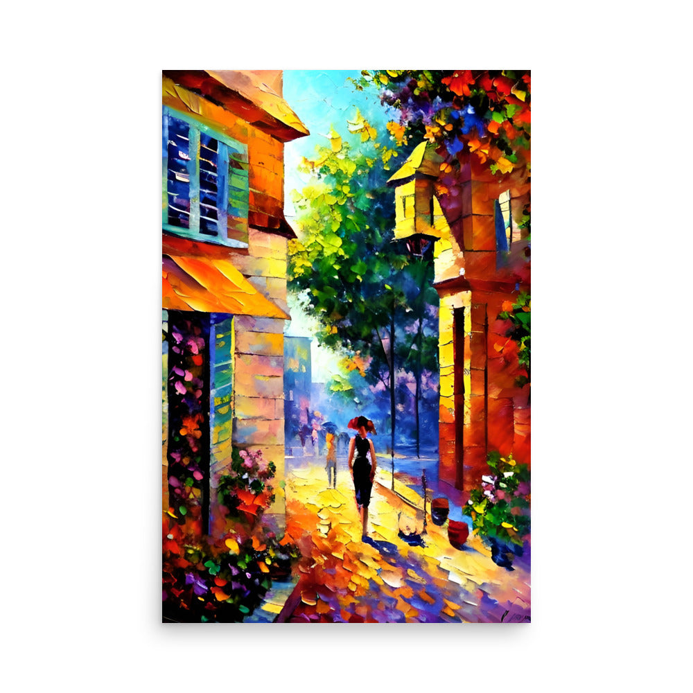 Vibrant terracotta buildings border cobblestone path. Blooming trees offer dappled shade to pedestrians. Warm sunlight bathes street scene in this radiant oil painting.