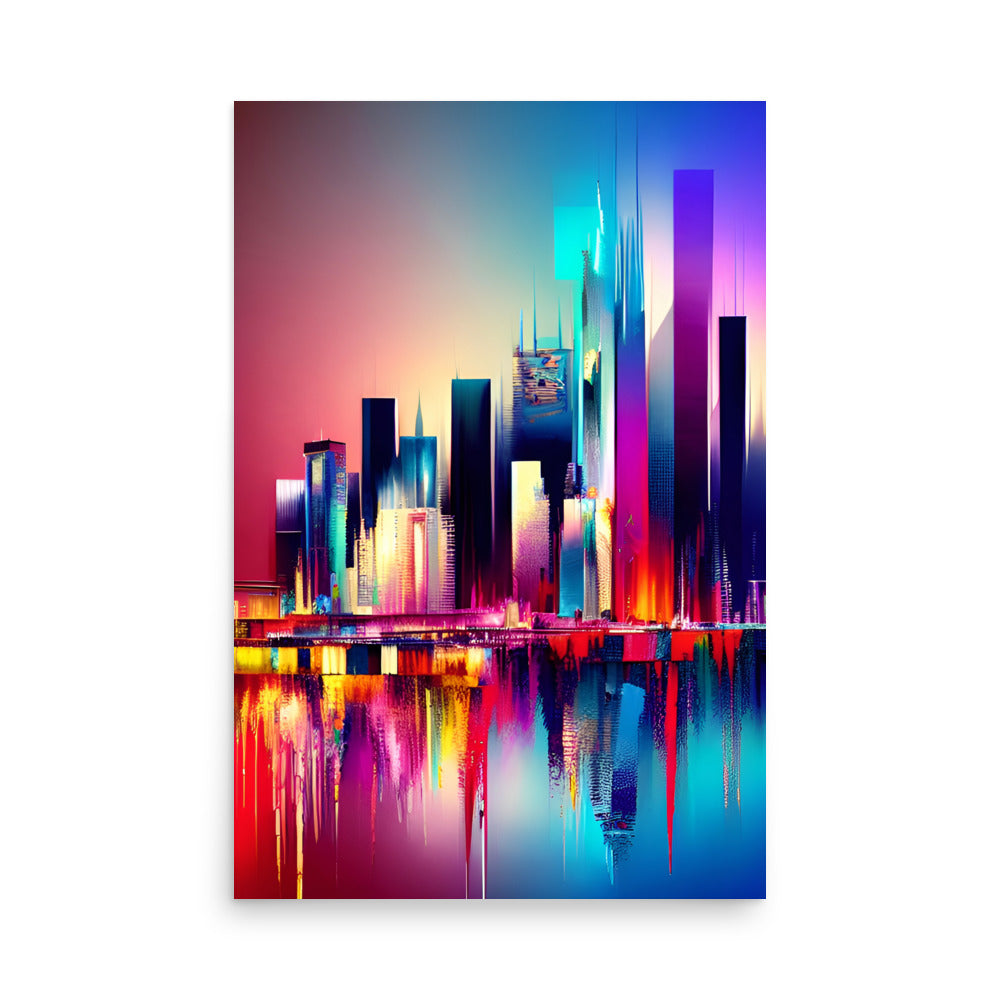 Vivid colors warp soaring towers. Vibrant hues reflect in a pool. Abstract digital artwork creates vivid scenery.