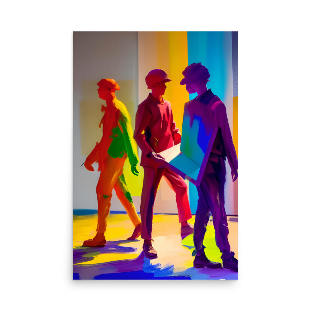 Vibrant orange, red and purple, in this bold abstract modern art with kids hanging out.