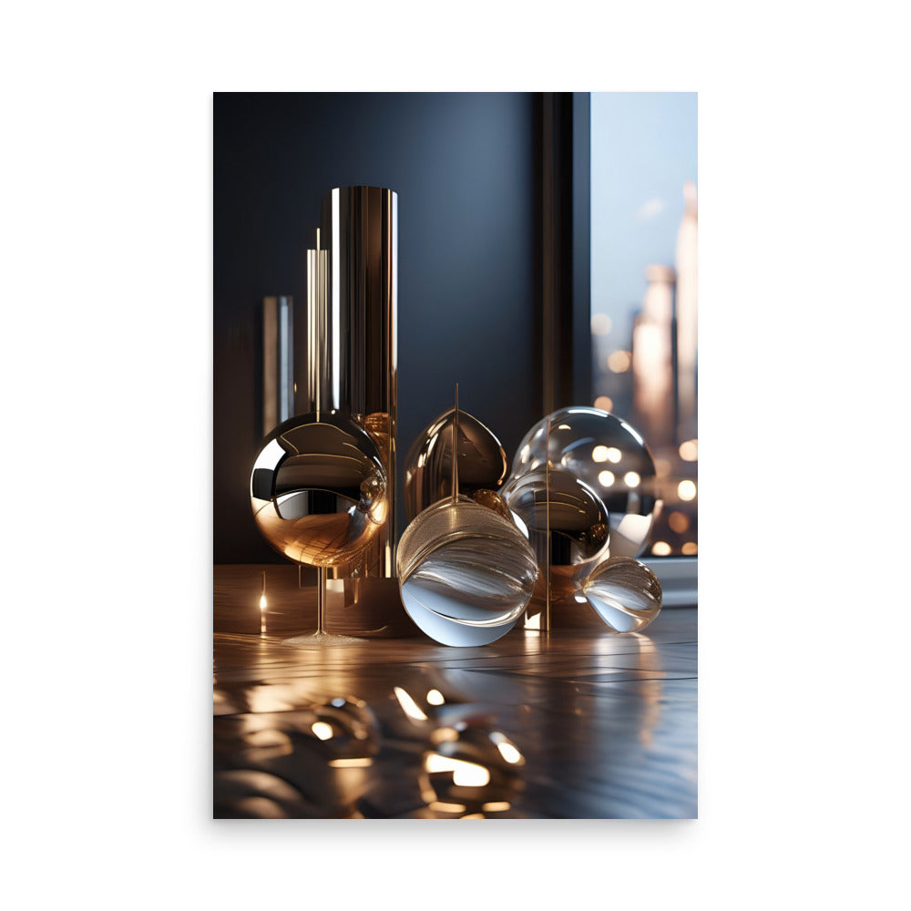 A modern art showing the dance of light and reflection, shining through abstract gold spheres. 