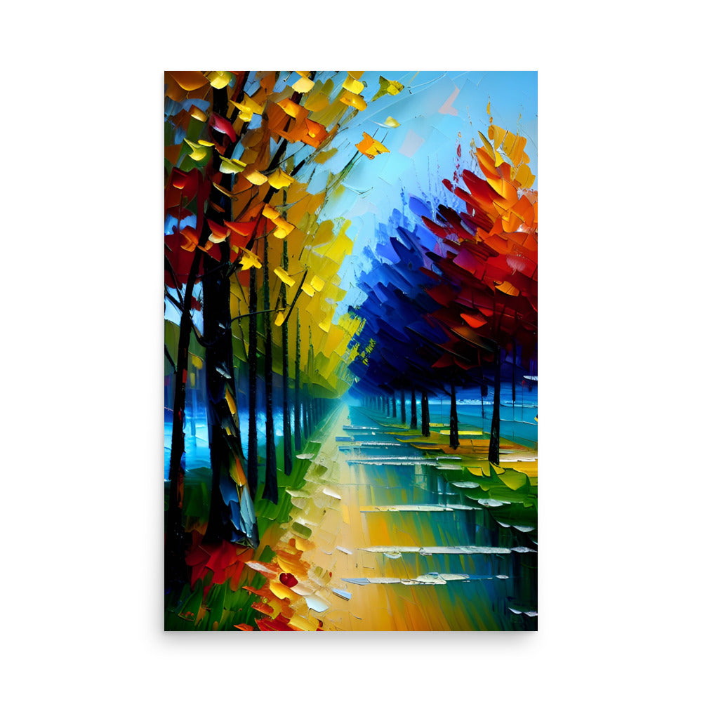 A colorful landscape painting with bright leaves on a reflective walkway.