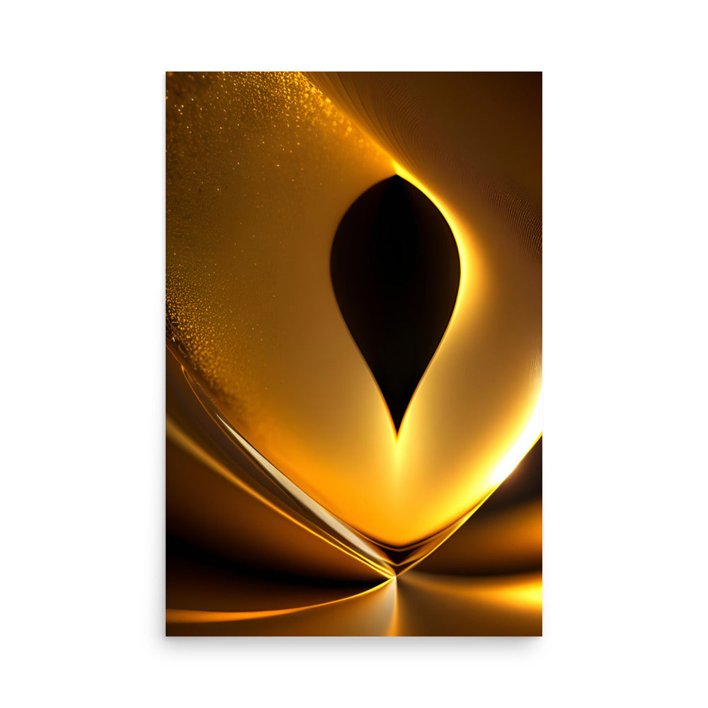 An abstract art sculpture shines brightly, the warm glow of the gold makes