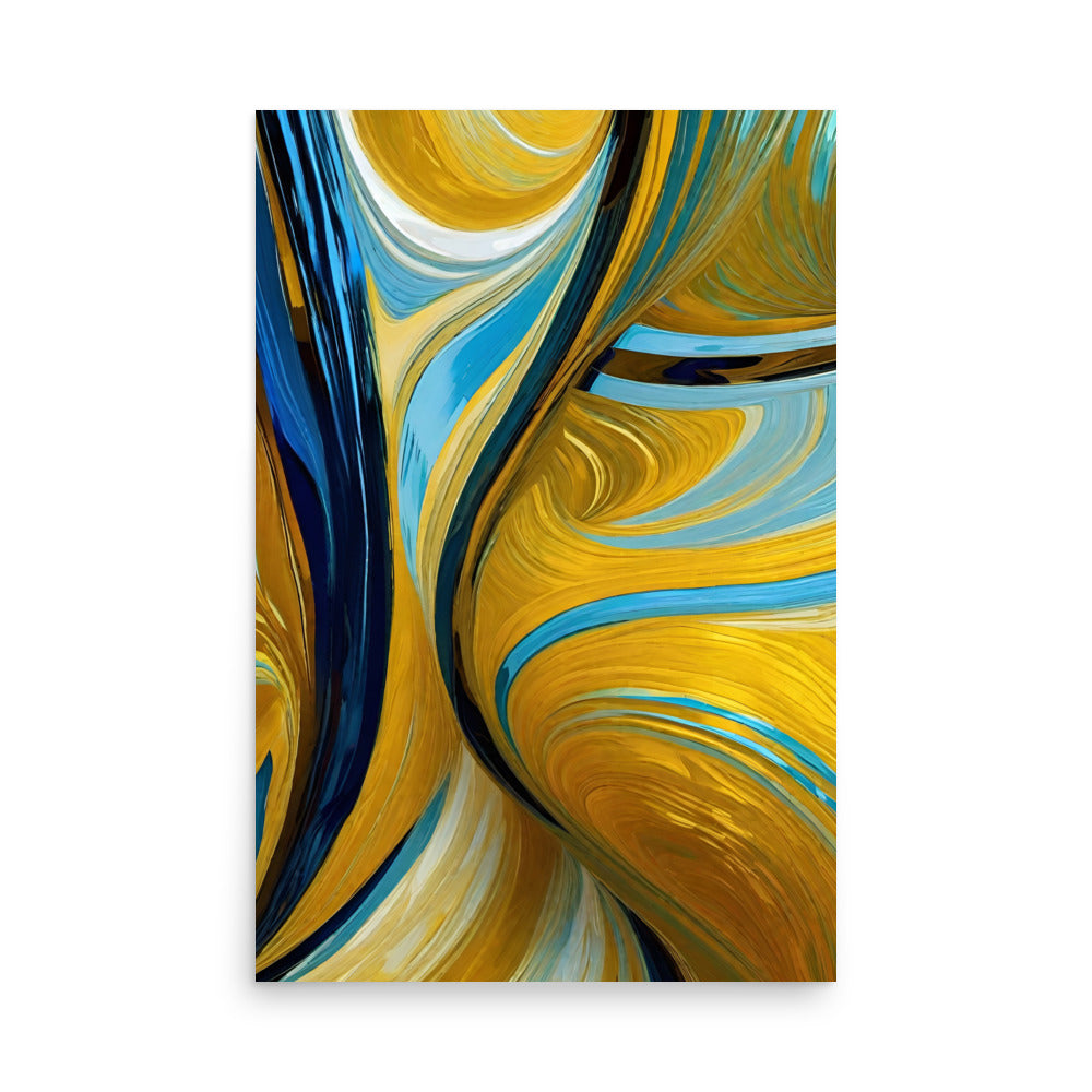 Vibrant painted style blends with shiny gold highlights in this abstract artwork.