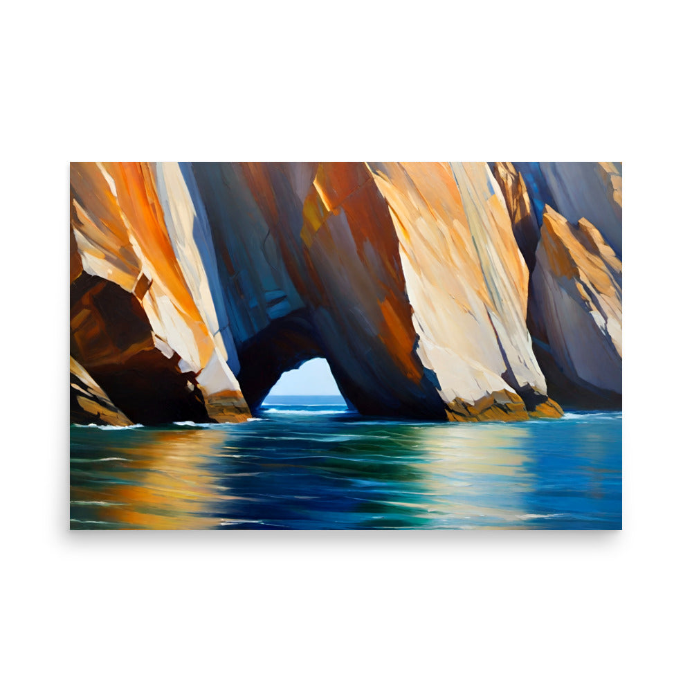 Beautiful coastline artwork with towering cliffs bathed in sunlight as it says