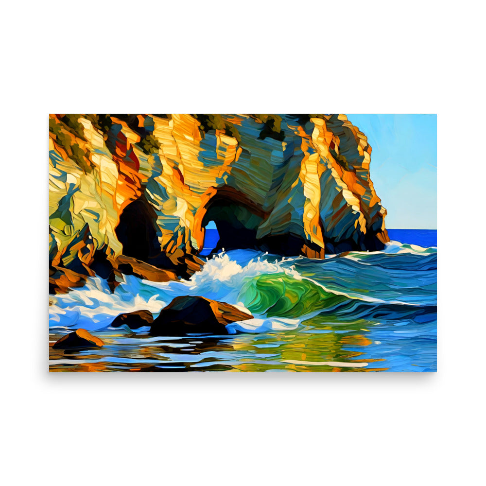 Vibrant hues illustrate an arched rock. Forceful waves highlight nature's incredible strength. The captivating scene encapsulates the ocean's immense power.