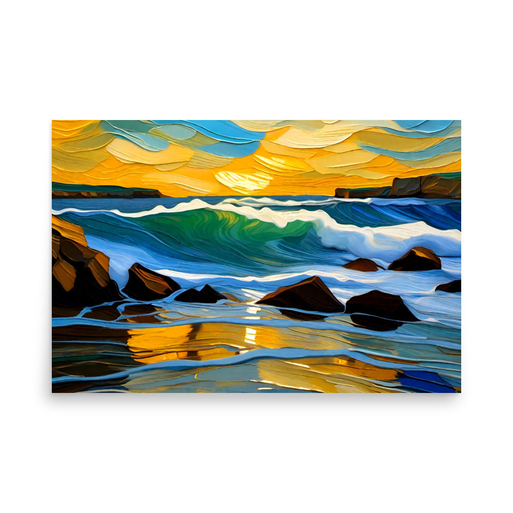 Shoreline artwork with a beautiful yellow sunlit sky,  and ocean waves churning.