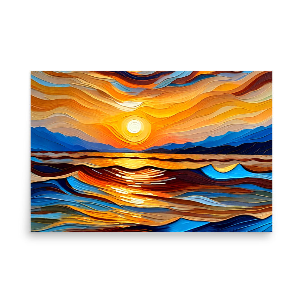 Painted ocean sunset art prints with vibrant sunset shining across the vast